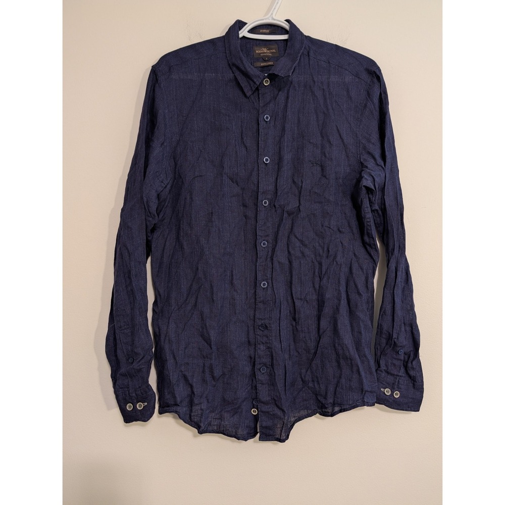 Rodd & Gunn 100% Linen Sport Fit Men's Small Navy Blue Long Sleeve Button Up